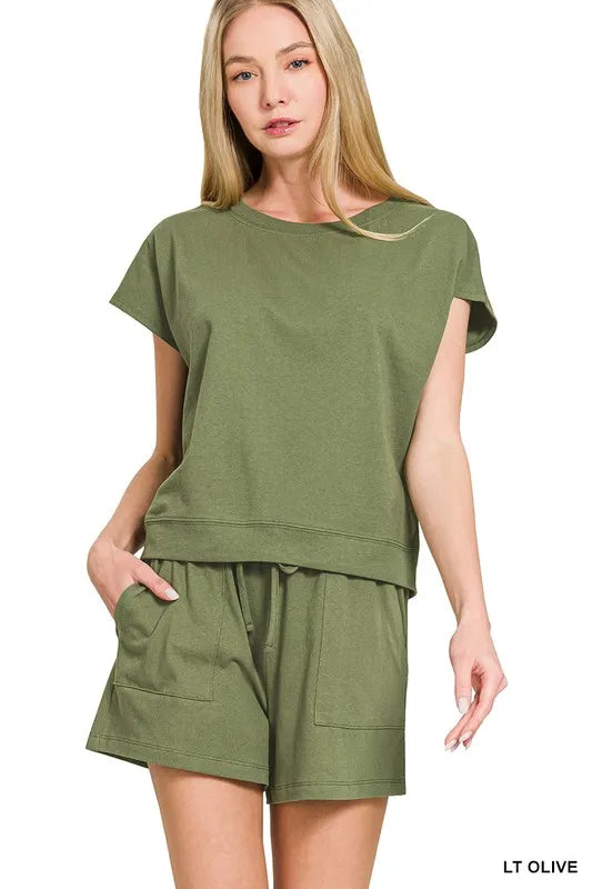 Zenana Premium Cotton Top & Shorts Set LT OLIVE Easy Apparels