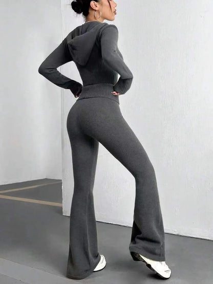 Zip Up Hooded Top and Flare Pants Sweater Set Easy Apparels