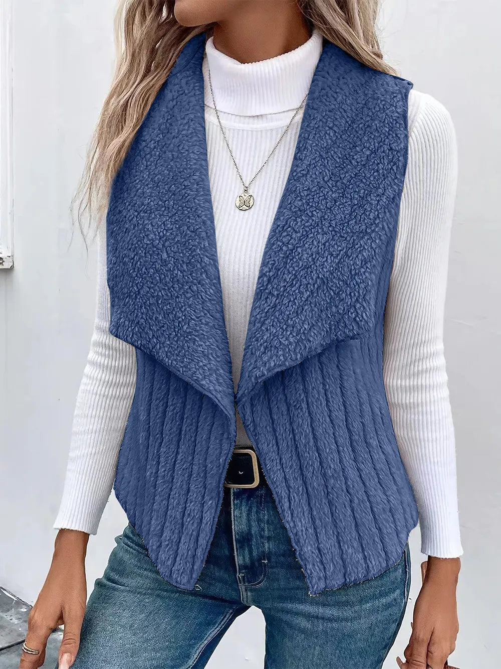 Open Front Fuzzy Vest Coat Dusty Blue Easy Apparels