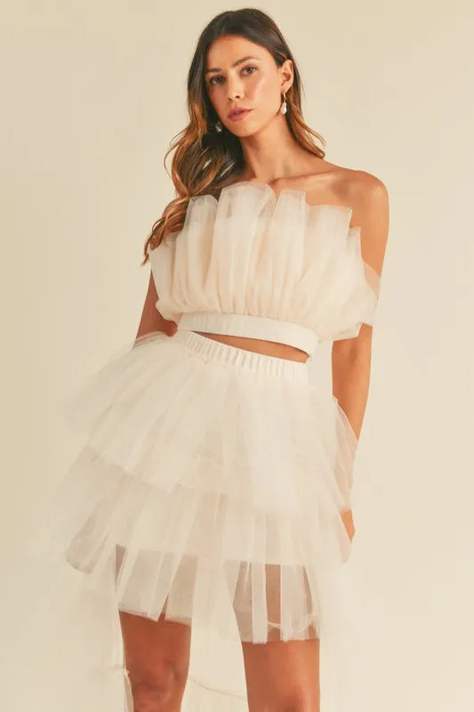 MABLE Tulle Tube Ruffle Crop Top and High Low Maxi Skirt Set Cream Easy Apparels