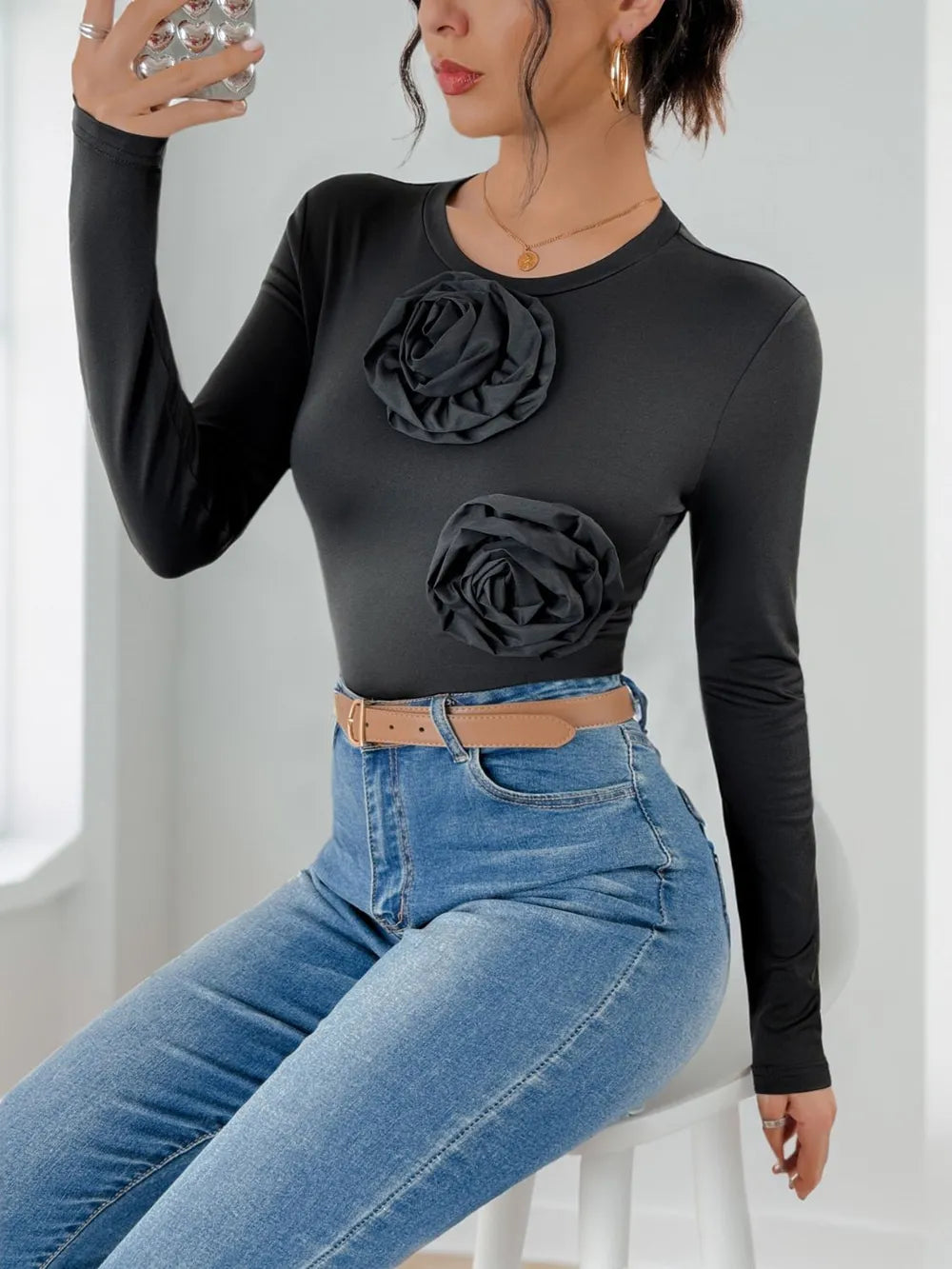 Trendsi Perfee Flower Round Neck Long Sleeve Bodysuit