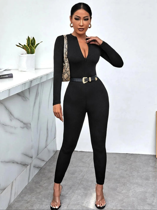 Long Sleeve Bodycon Jumpsuit Black Easy Apparels