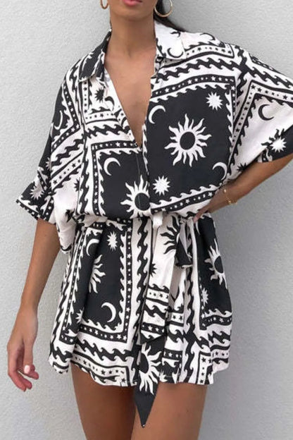 Printed Tie Waist Romper Black Easy Apparels