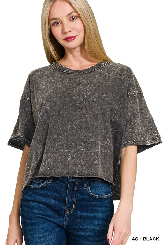 Trendsi Zenana Acid Crinkle-Washed Oversized T-Shirt ASH BLACK