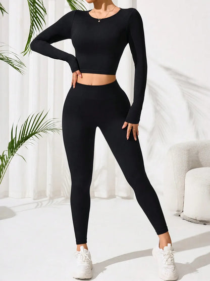 Lace-Up Back Round Neck Top and Leggings Active Set Black Easy Apparels