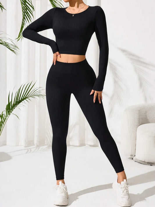 Lace-Up Back Round Neck Top and Leggings Active Set Black Easy Apparels