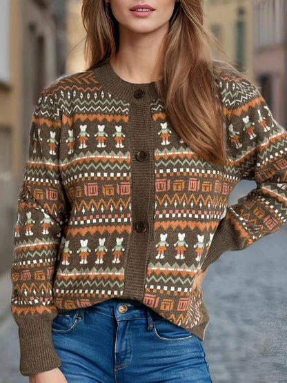 Graphic Button Down Long Sleeve Cardigan Brown One Size Easy Apparels