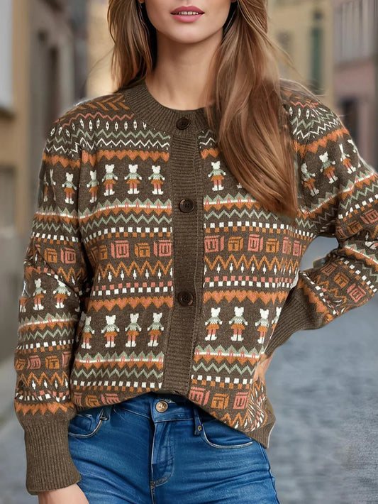 Graphic Button Down Long Sleeve Cardigan Brown One Size Easy Apparels