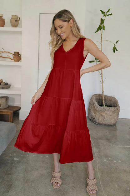 FAM-FAM Tiered V-Neck Sleeveless Dress Burgundy Easy Apparels