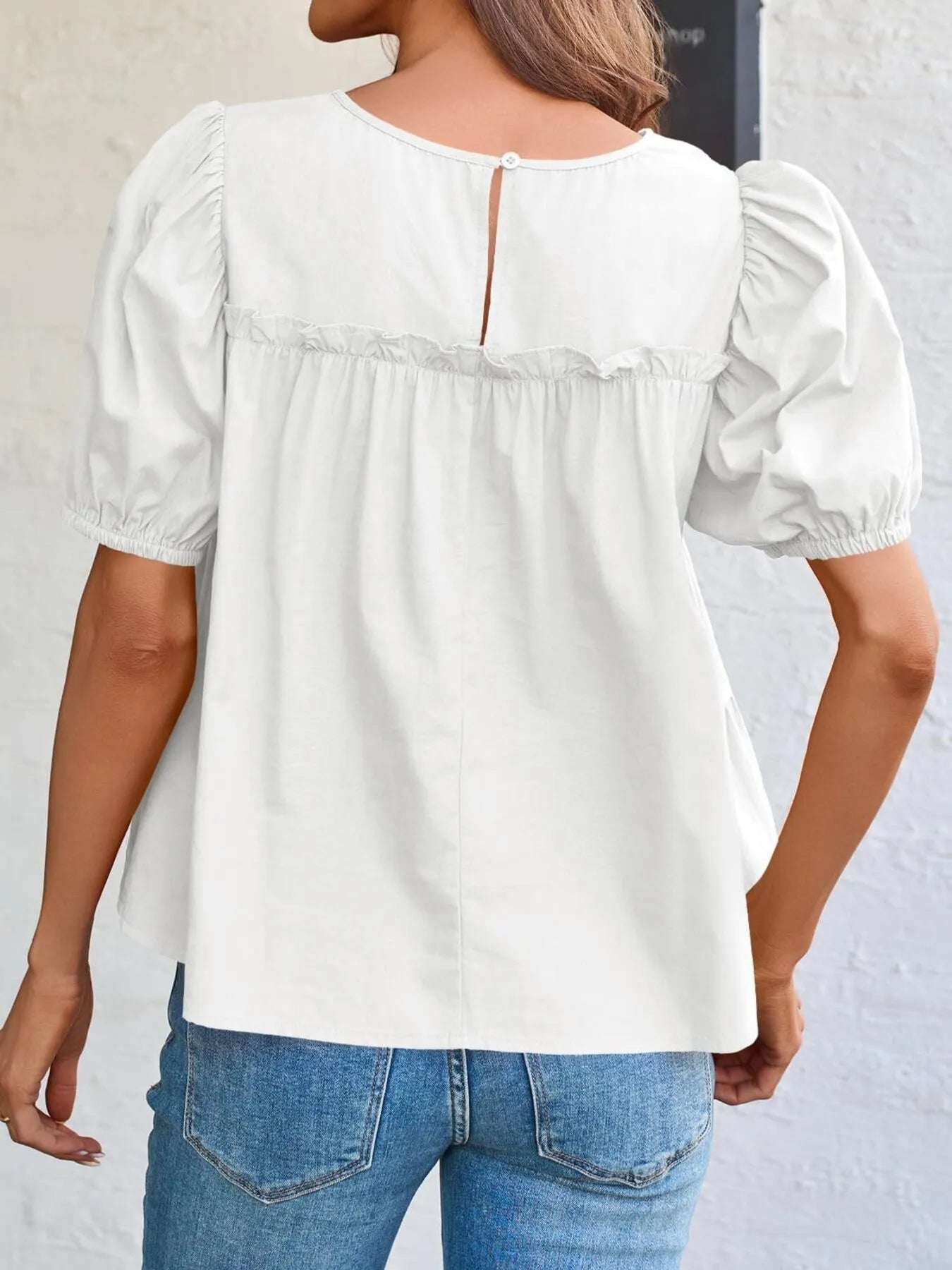 Trendsi Tiered Round Neck Puff Sleeve Ruched Blouse