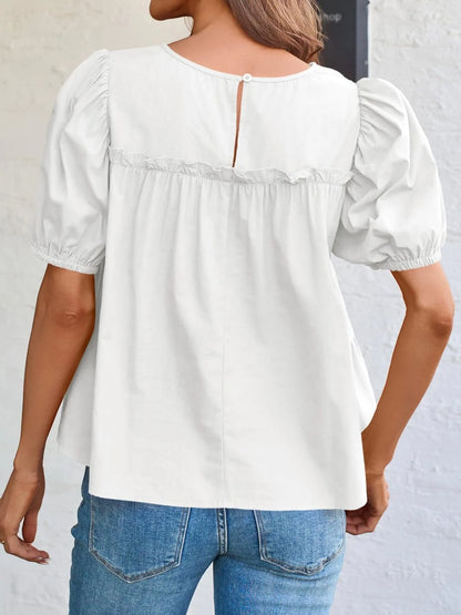 Trendsi Tiered Round Neck Puff Sleeve Ruched Blouse