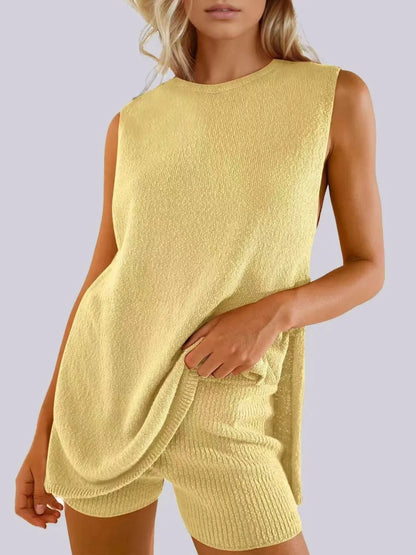 Side Slit Round Neck Tank and Ribbed Shorts Sweater Set Yellow Easy Apparels