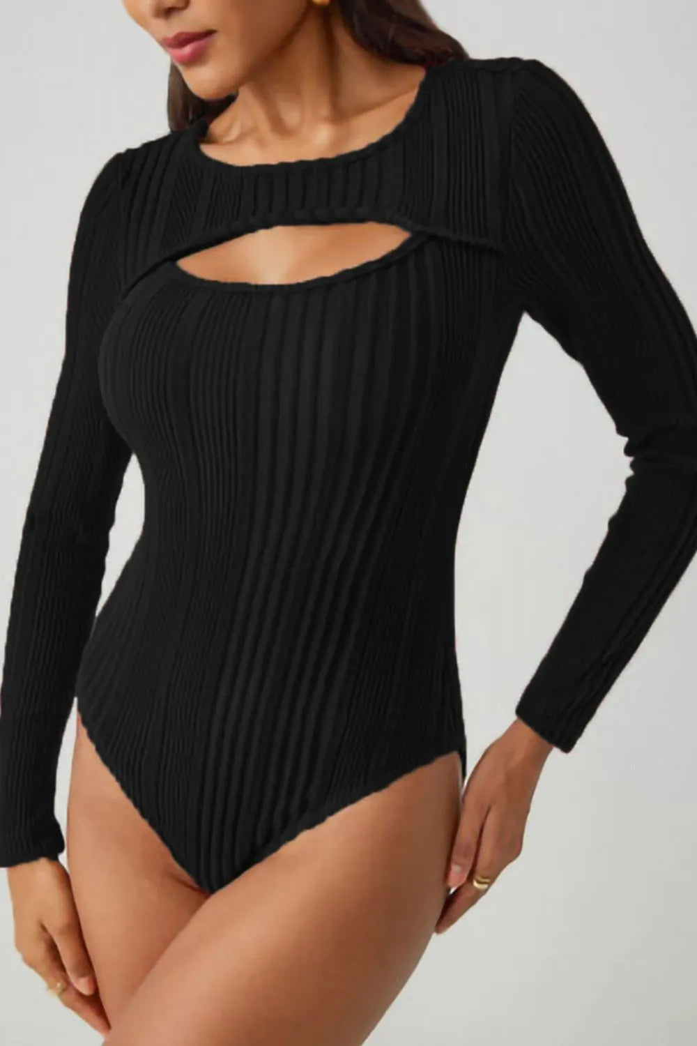 Trendsi Ribbed Cutout Round Neck Bodysuit