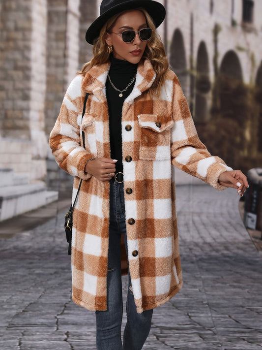 Plaid Collared Neck Button Down Coat Chestnut Easy Apparels