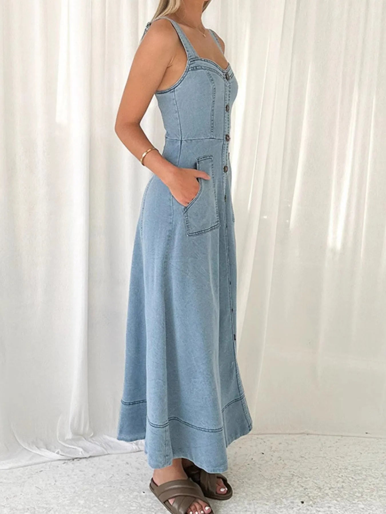 Wide Strap Sweetheart Neck Denim Dress Easy Apparels