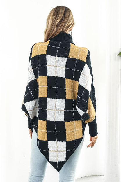 Plaid Turtleneck Dolman Sleeve Poncho Easy Apparels