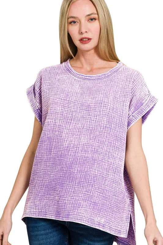 Trendsi Zenana Woven Double Gauze Acid Washed Short Sleeve Top LAVENDER