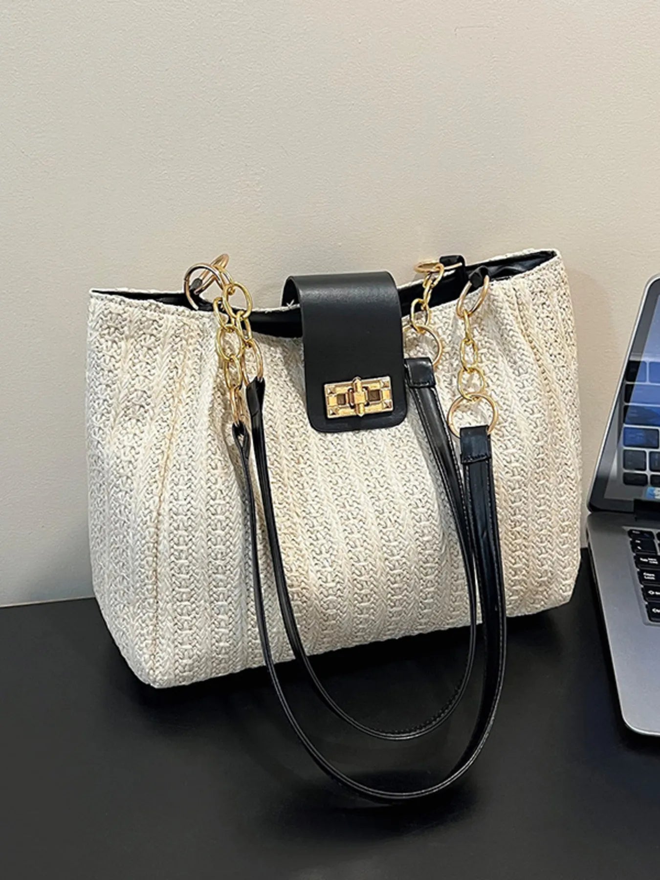 Woven Straw Shoulder Bag Black One Size Easy Apparels
