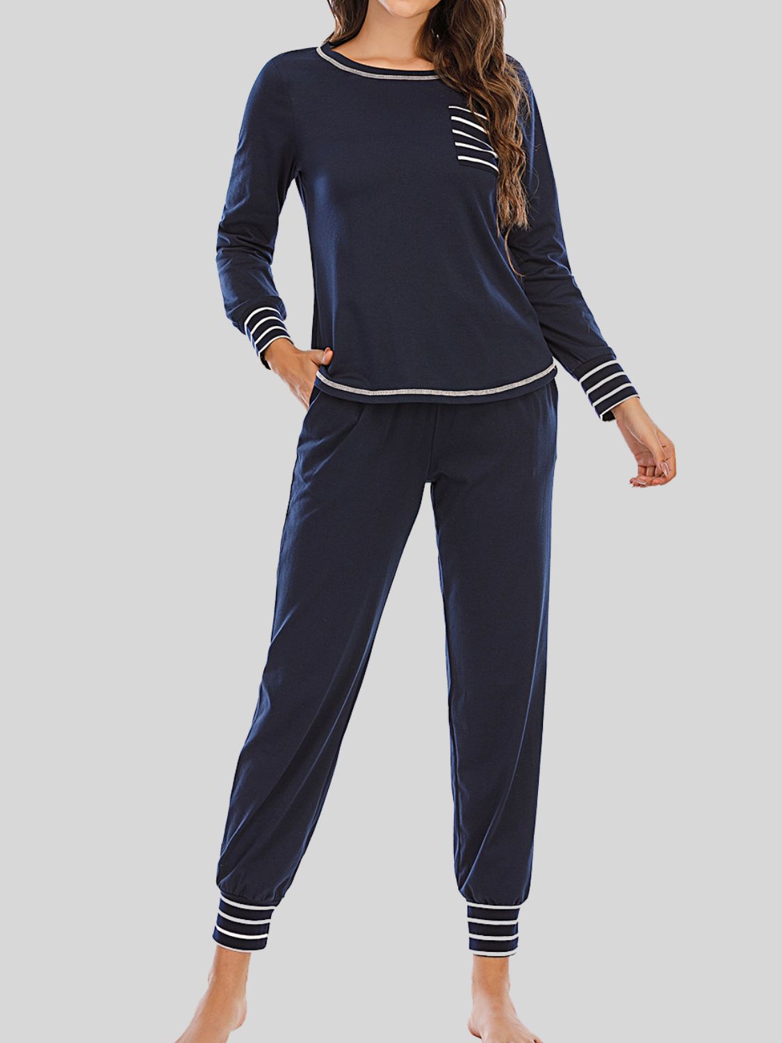 Round Neck Top and Pants Lounge Set Dark Navy Easy Apparels