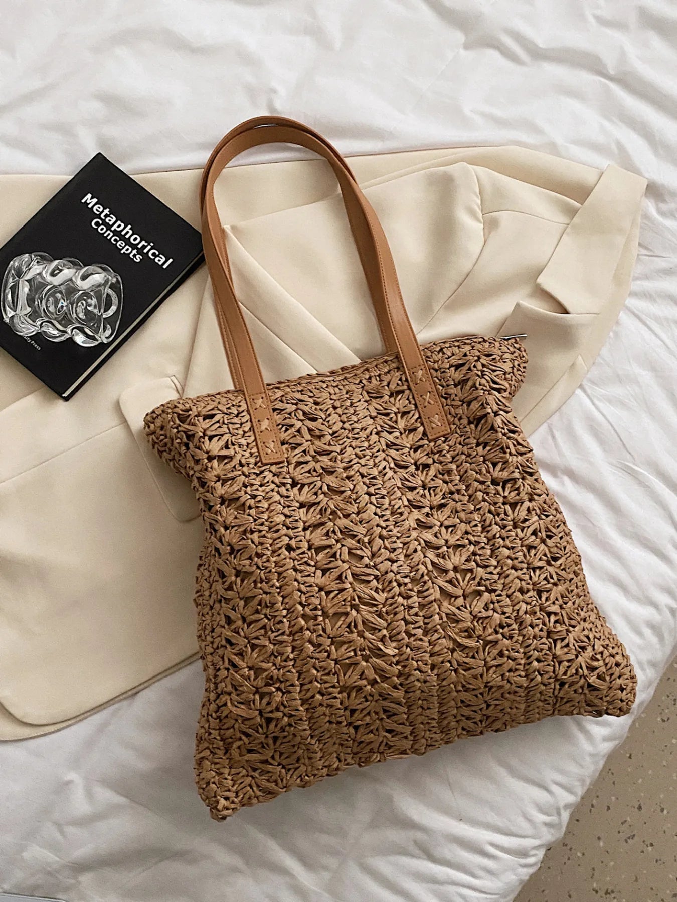 Woven Straw Summer Shoulder Bag with Leather Handles Khaki onesize Easy Apparels