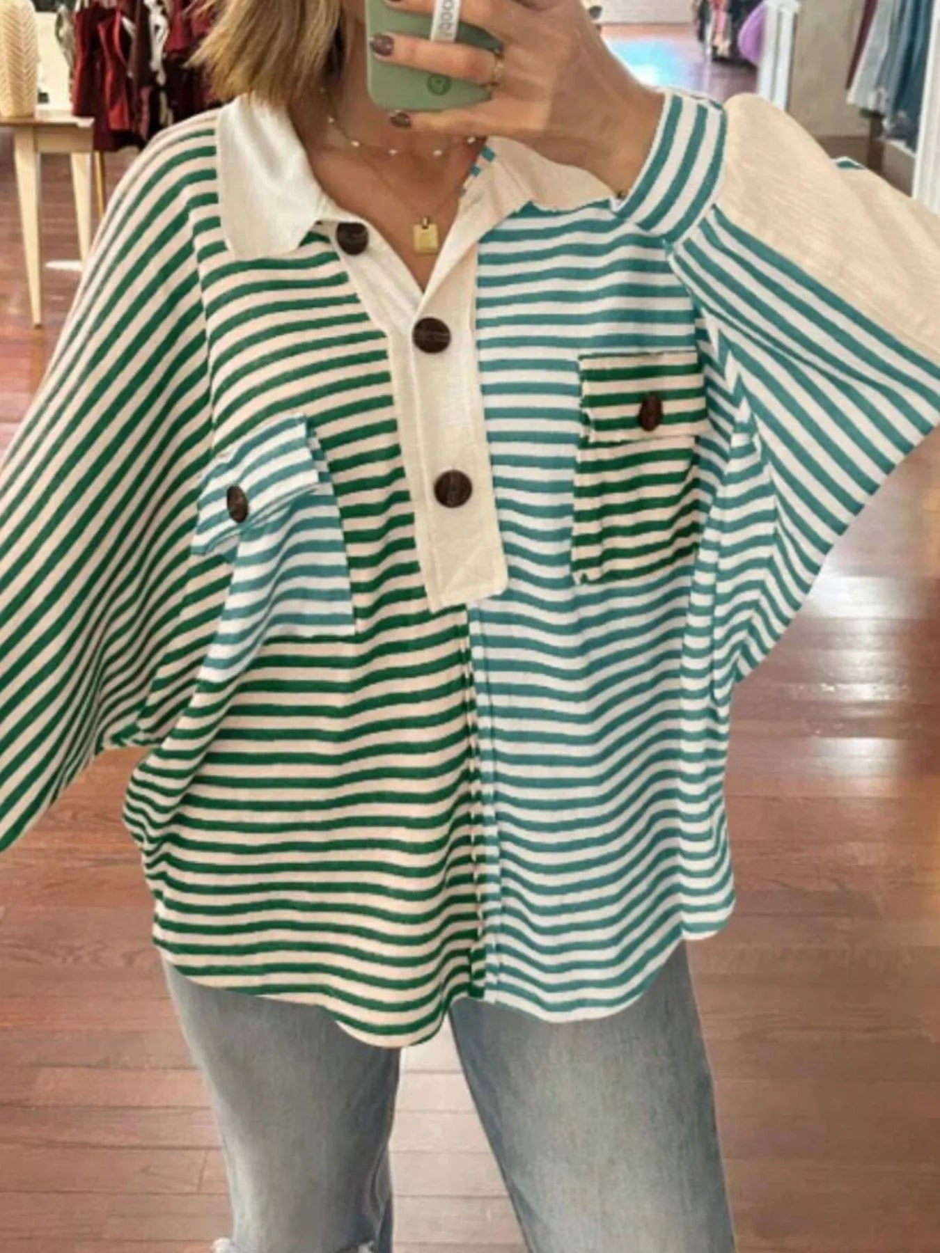 Trendsi Striped Button Front Casual Top Double Spell Green