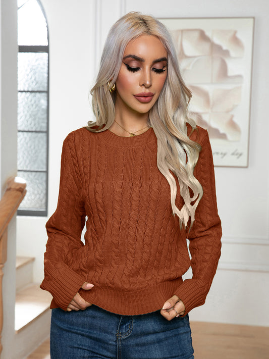 Cable-Knit Round Neck Long Sleeve Sweater Ochre Easy Apparels
