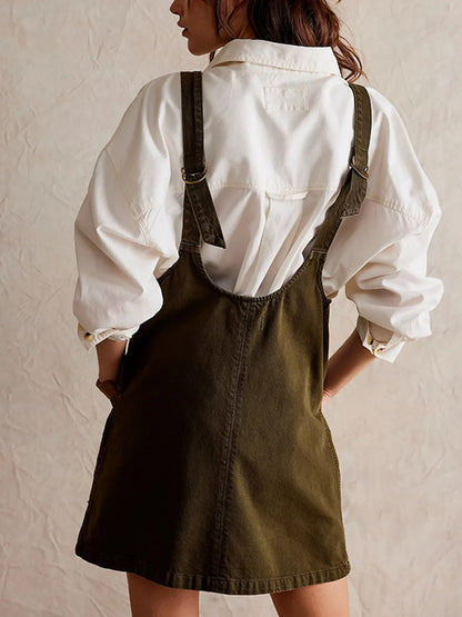 Oversized V-Neck Denim Tank Dress with Front Pockets Easy Apparels