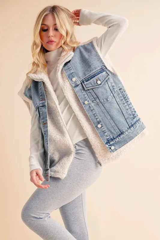 Aemi + Co Fake Two Pieces Denim Patch Sherpa Vest Coat Easy Apparels