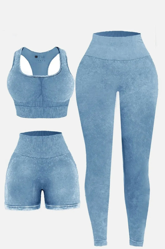 3 Piece Washed Square Neck Wide Strap Active Set Light Blue Easy Apparels