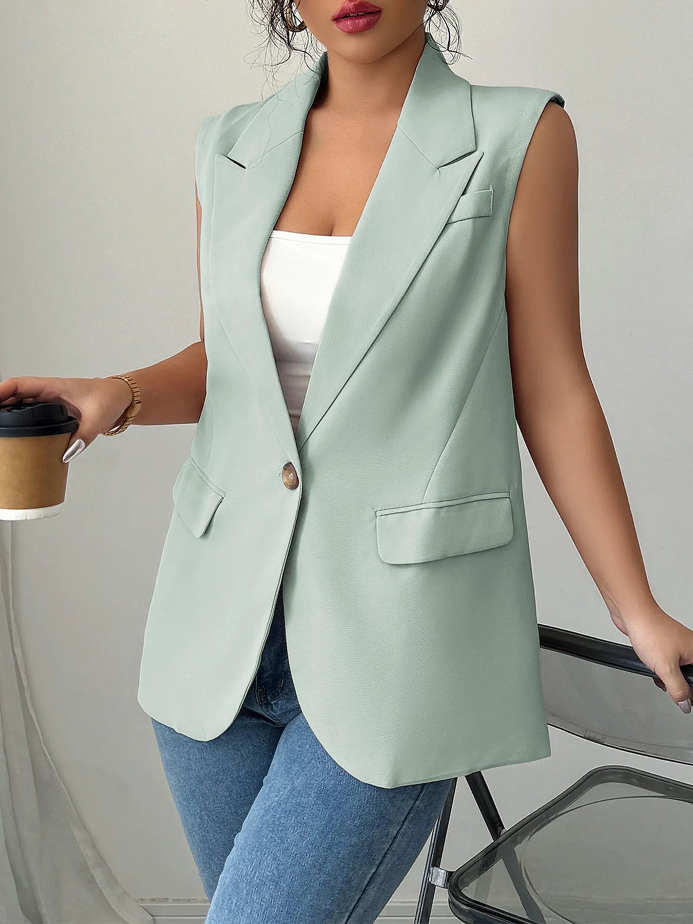 One Button V-Neck Blazer Vest Coat Easy Apparels