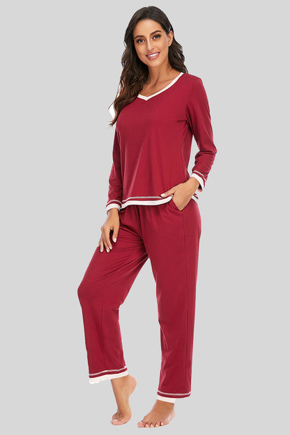 V-Neck Top and Pants Lounge Set Wine Easy Apparels