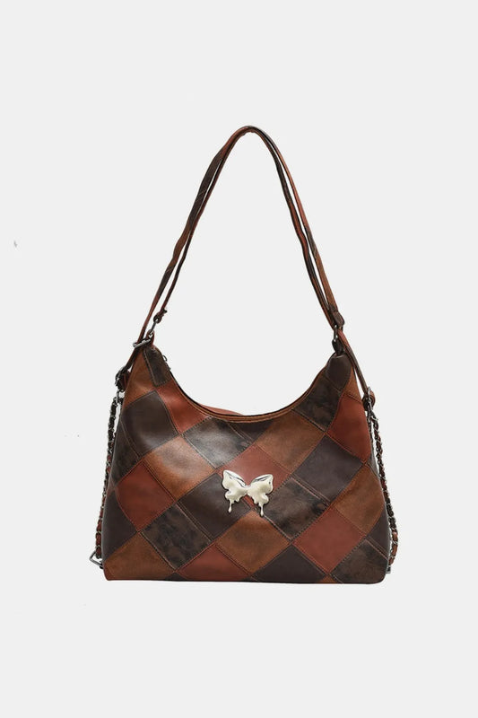 PU Leather Color Block Shoulder Bag Brown One Size Easy Apparels