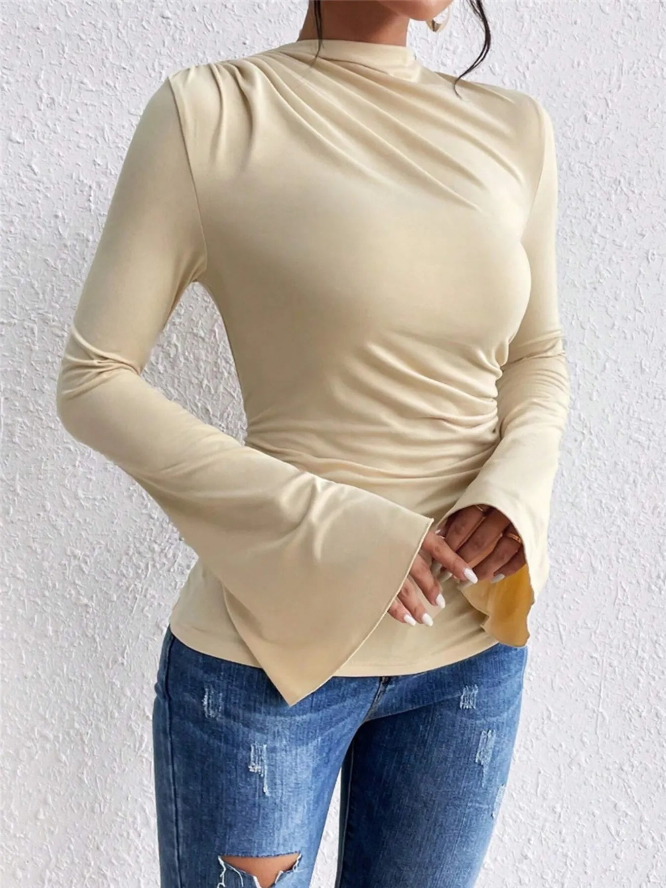 Trendsi Bell Sleeve Ruched Fitted T-Shirt with Mock Neck