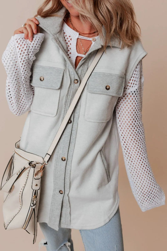 Pocketed Curved Hem Button Up Vest Light Gray Easy Apparels