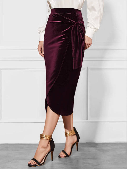 Side Tied Velvet Skirt Burgundy Easy Apparels