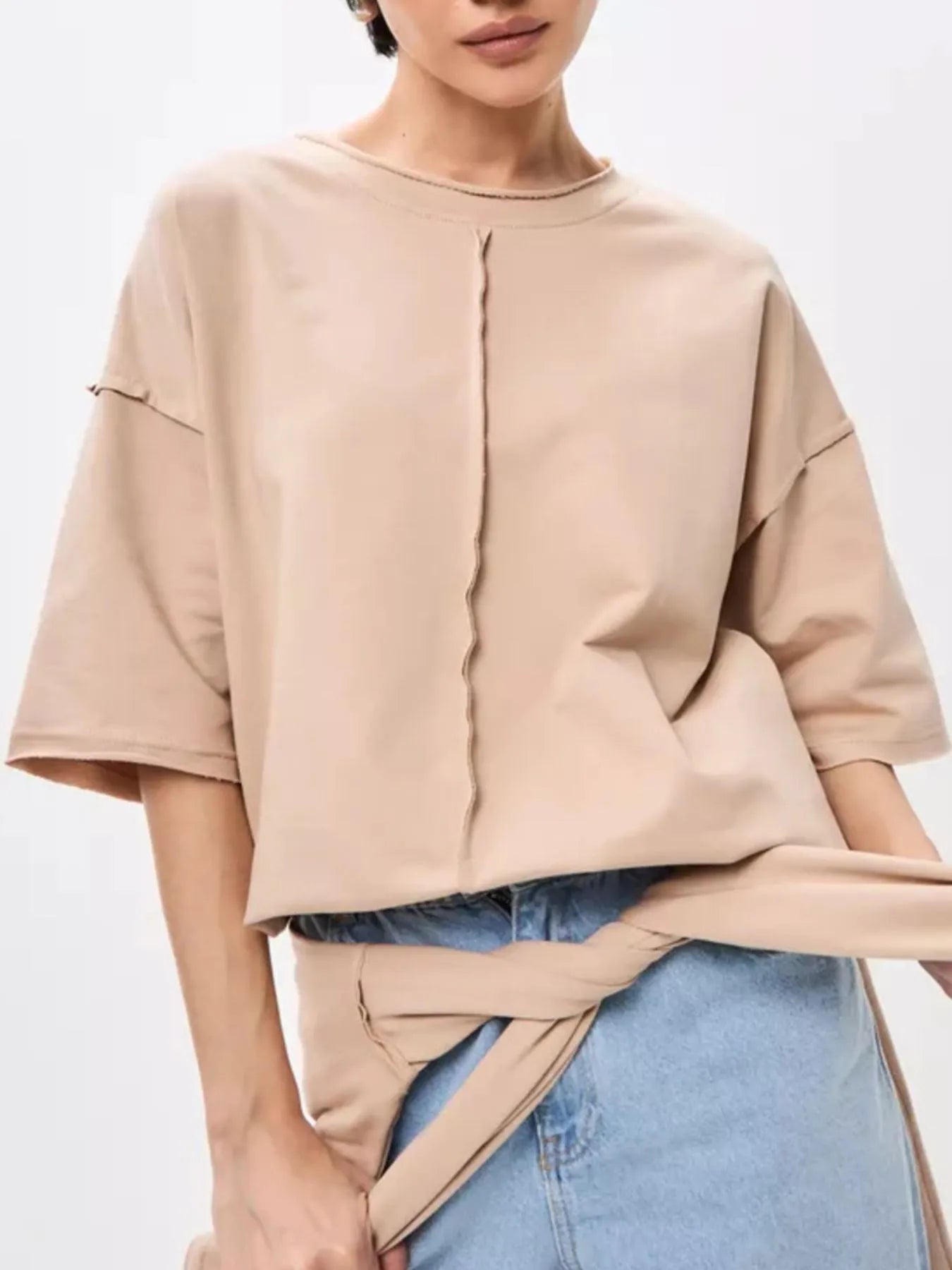 Trendsi Round Neck Half Sleeve T-Shirt Khaki