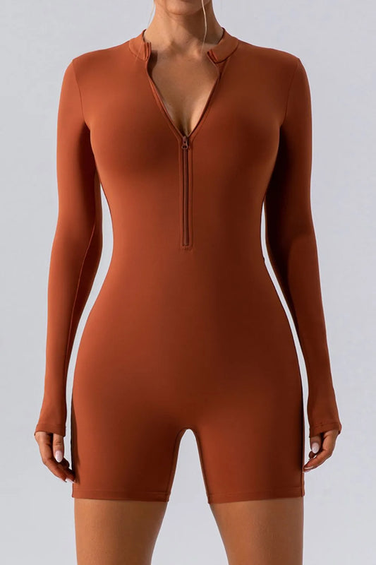 Half Zip Long Sleeve Active Romper Caramel Easy Apparels