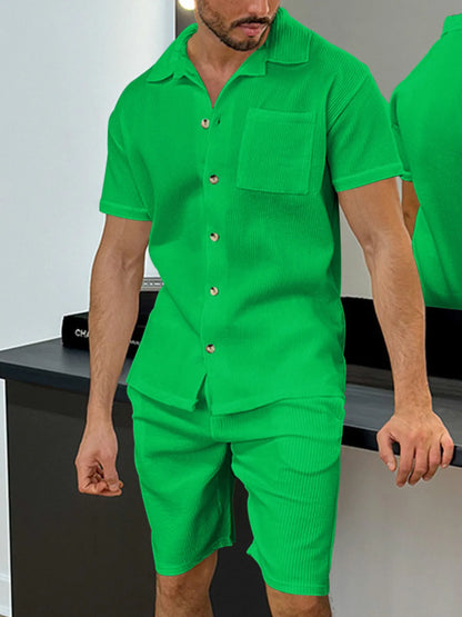 Men's Full Size Button Up Top and Shorts Set Plus Size Green Easy Apparels