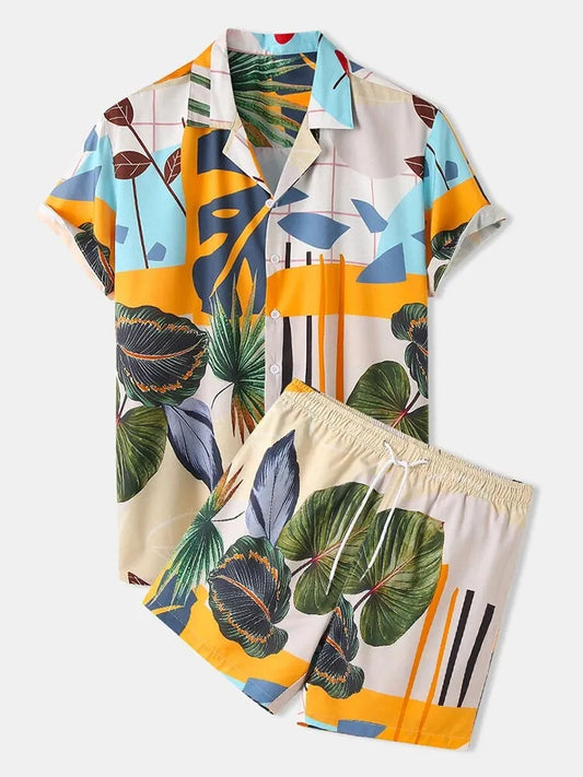 Men's Full Size Printed Short Sleeve Shirt and Shorts Set Plus Size Flower Easy Apparels