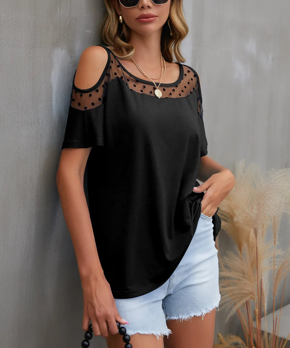 Trendsi Cold Shoulder Mesh Polka Dot Top Black