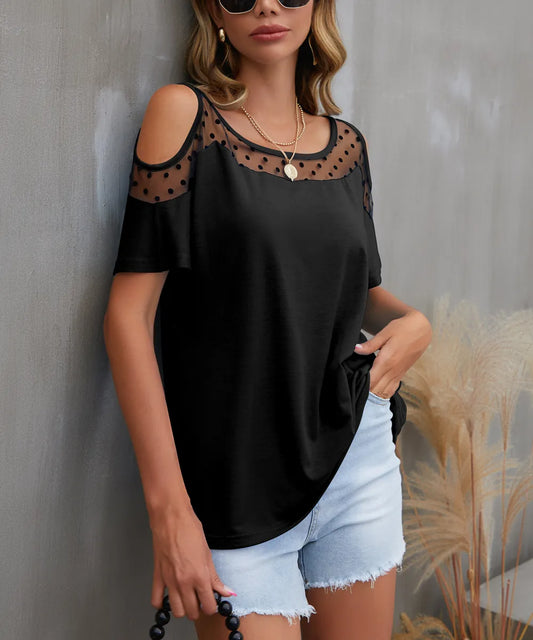 Trendsi Cold Shoulder Mesh Polka Dot Top Black