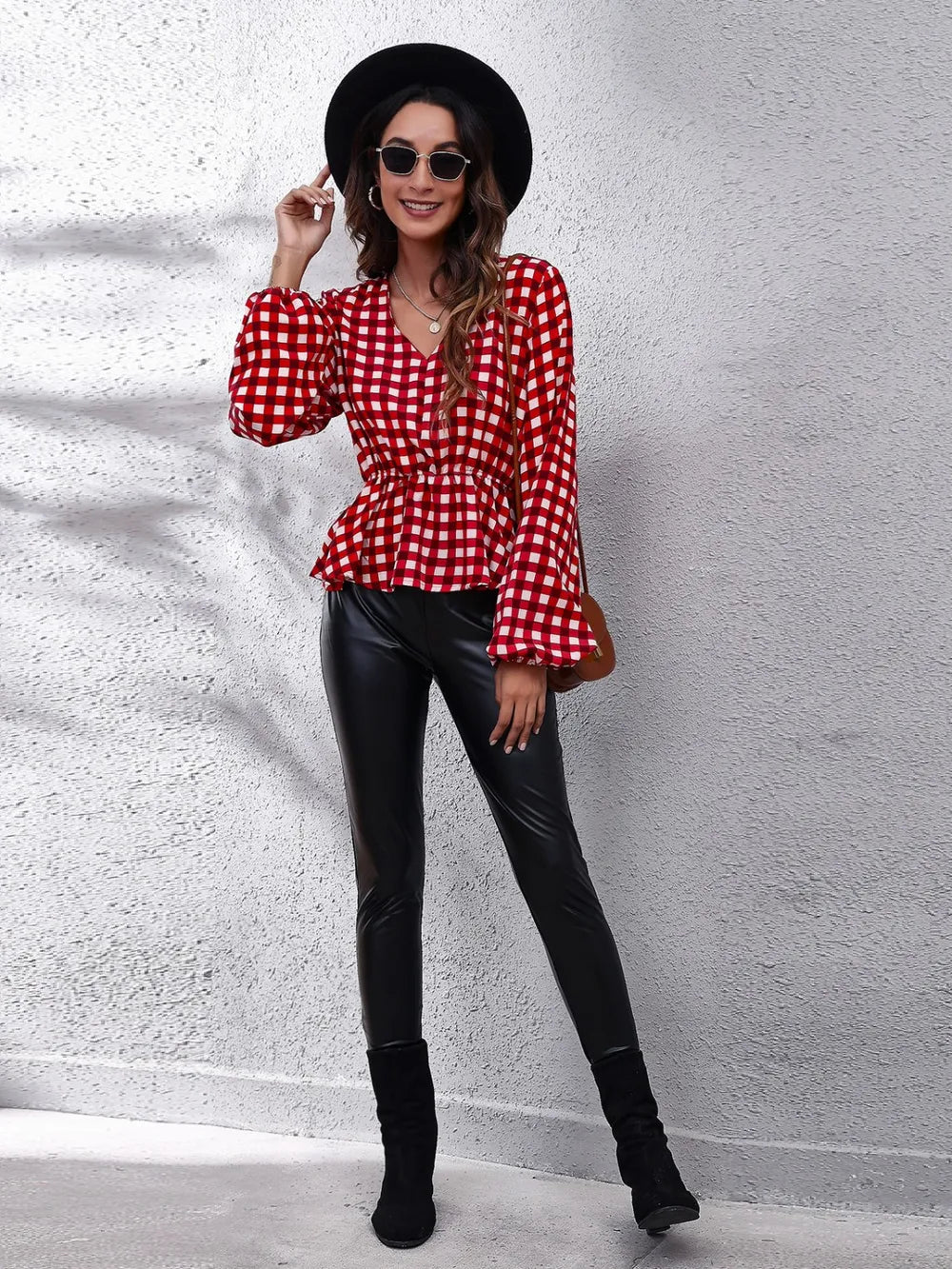 Trendsi Plaid V-Neck Balloon Sleeve Peplum Blouse