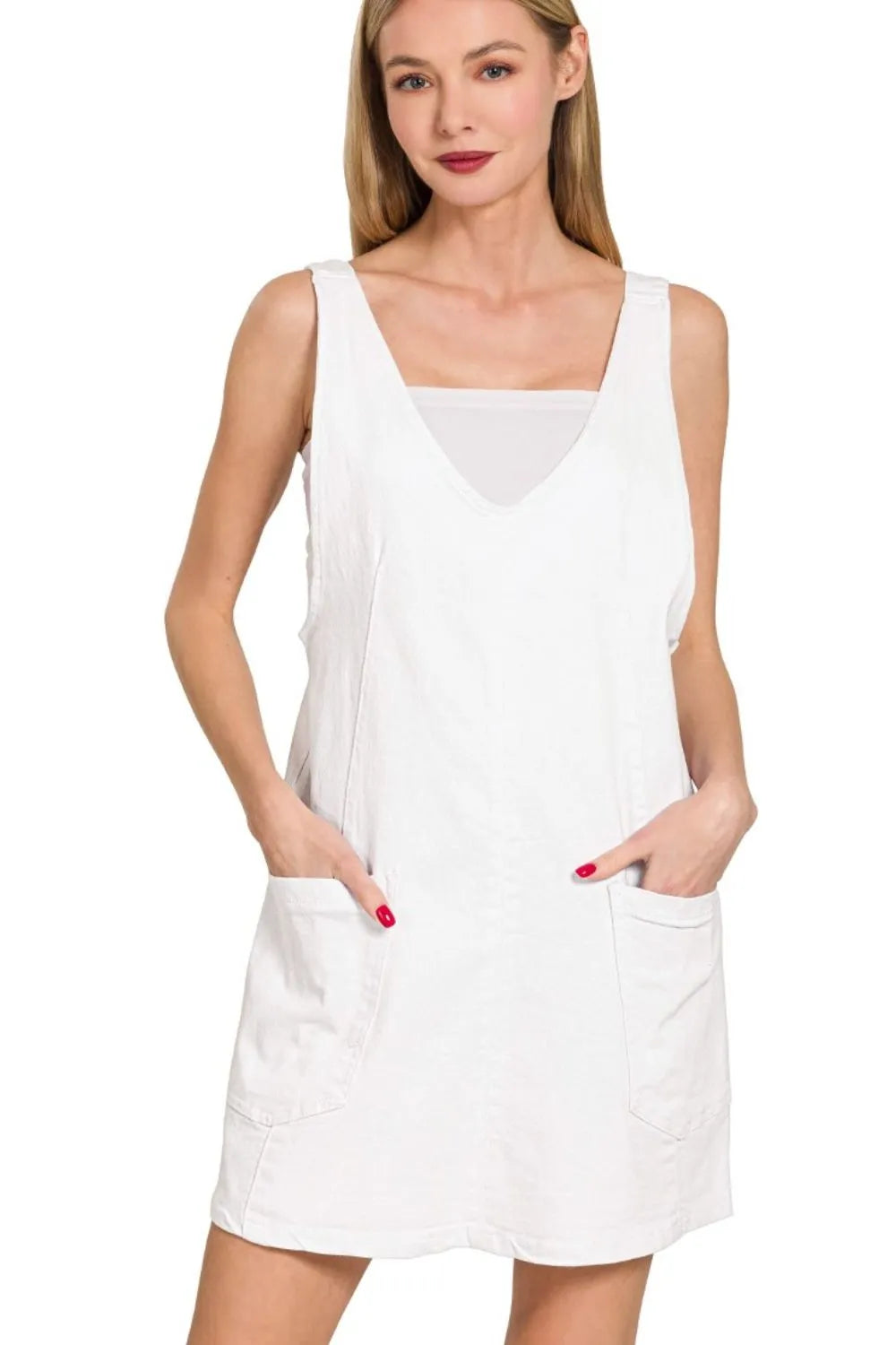 Zenana Washed Adjustable Strap Denim Overall Dress WHITE Easy Apparels