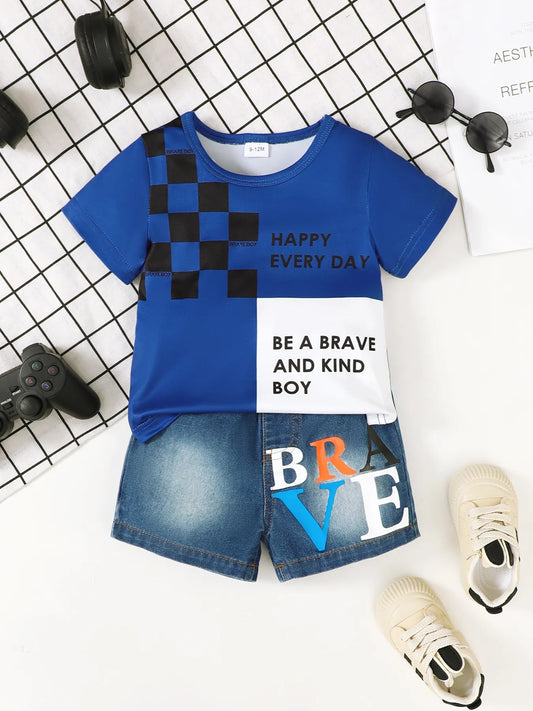 Children's Letter Round Neck Top and Denim Shorts Set Navy Easy Apparels