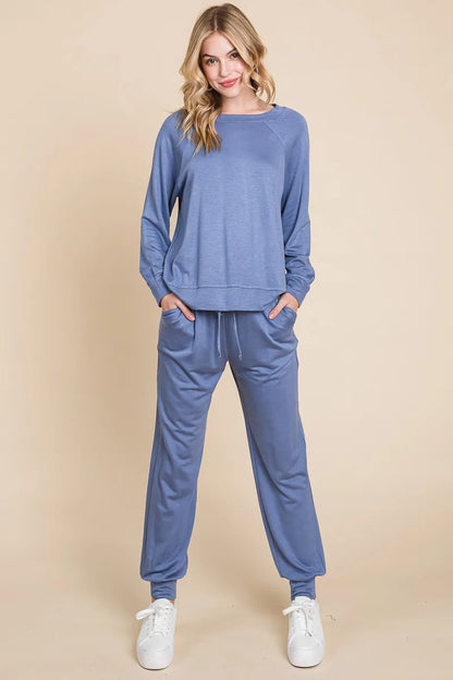 Super Lady Round Neck Raglan Sleeve Top and Pants Lounge Set Easy Apparels