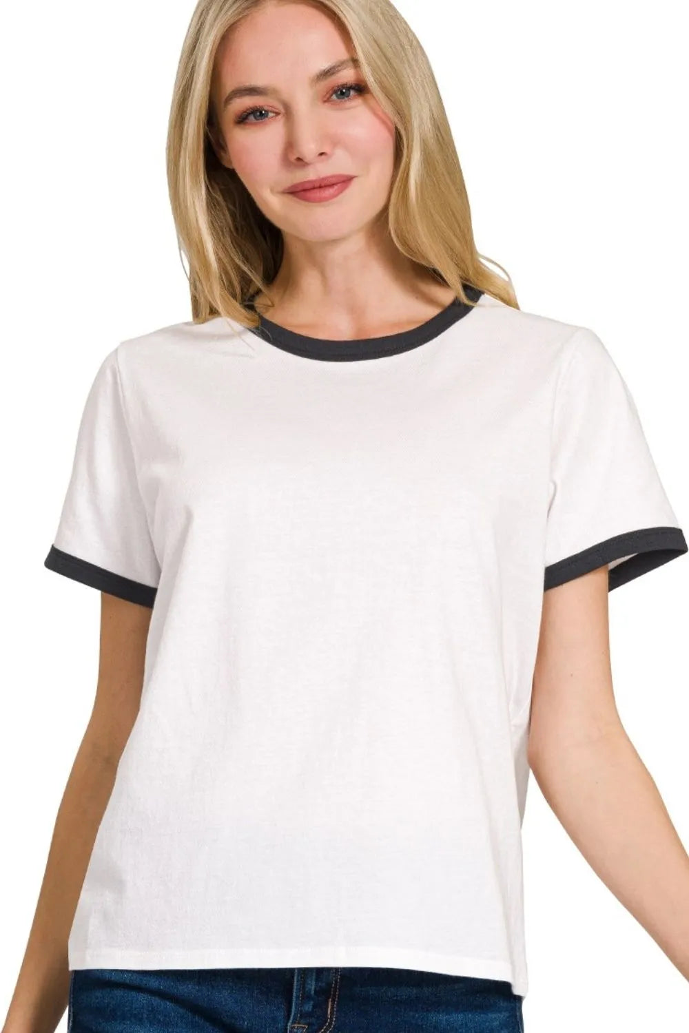Trendsi Zenana Contrast Binding Short Sleeve Tee Shirts Black