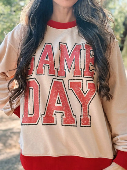 Trendsi GAME DAY Letter Graphic Round Neck Sweatshirt Tan
