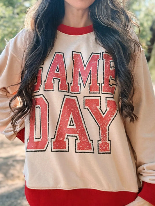 Trendsi GAME DAY Letter Graphic Round Neck Sweatshirt Tan