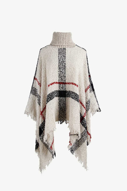 Plaid Turtleneck Raw Hem Poncho Beige One Size Easy Apparels