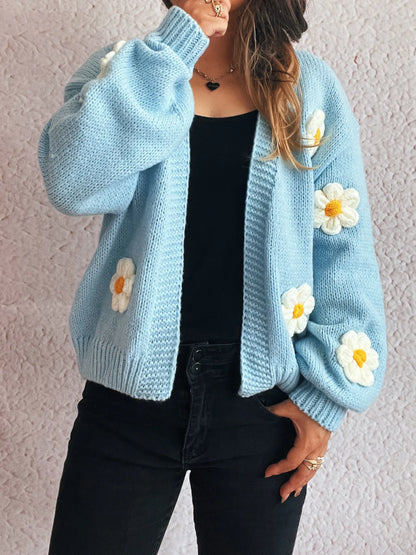 Flower Open Front Long Sleeve Cardigan Easy Apparels